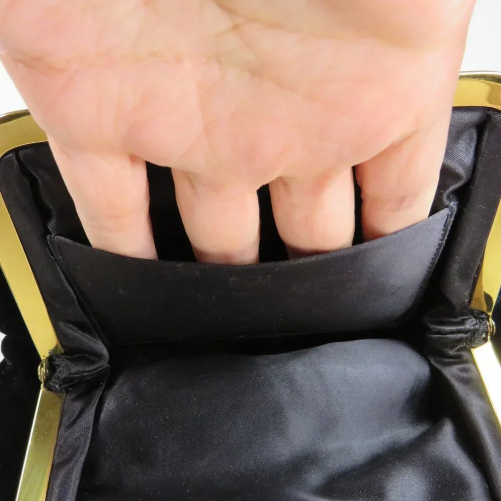 Vintage Black Velvet Kiss-Lock Clutch Purse, satin change & Jeweled Mirror Brush